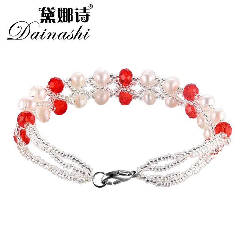 

Dainashi Wedding Pearl Bracelets with Red Pink Crystal Bracelets for Women Beaded Bracelet Pearl Jewelry Fine Anniversary Gift