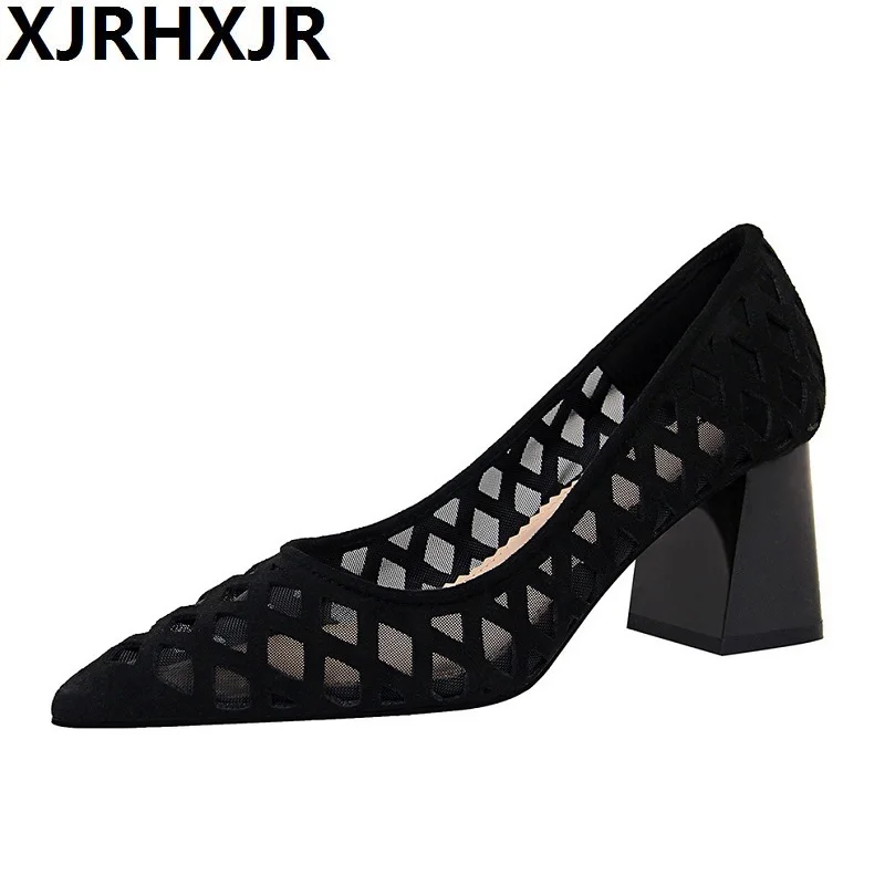 

2019 Summer New Mesh Hollow out Elegant 6CM High Heels Shoes Women Pumps Woman Pointed Toe Female Ladies Sexy Party Office