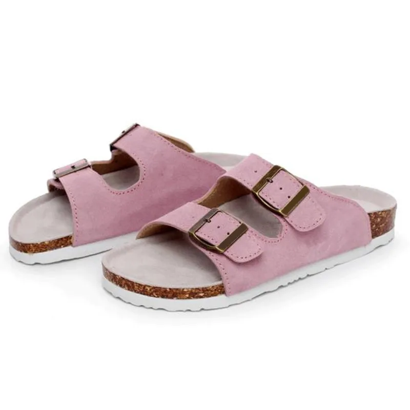 COSMAGIC/Новинка года; летние пляжные женские шлепанцы на пробковой подошве; повседневная обувь из нубука с двойной твердой пряжкой; обувь без застежек - Цвет: Розовый