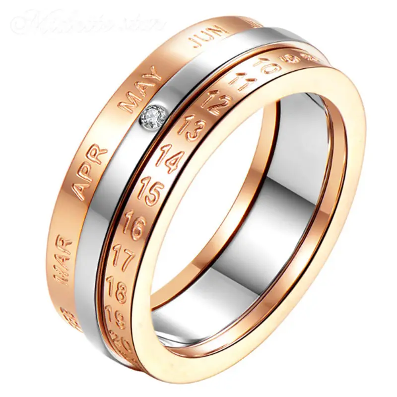 

Fashion Design Date Ring Titanium Rotation Calendar and Steel High Quality Rose Color Middle Silver Brand Ring Woman