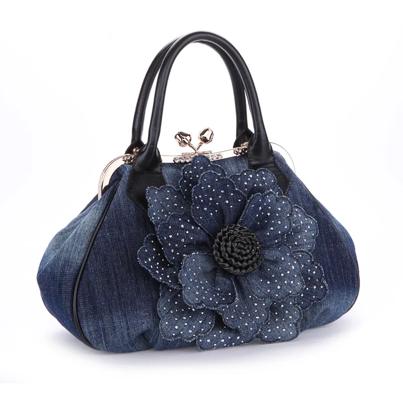 Брендовая женская сумка джинсовая Цветочная сумочка модная мягкая ручка органический хлопок без молнии женские сумки ZF9874 - Цвет: Black