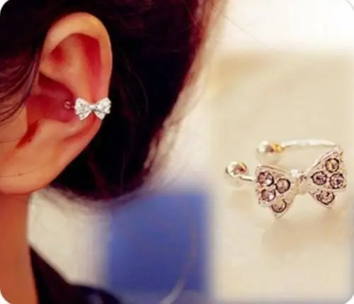 

BONLAVIE New Lady Shiny Crystal Bowknot Girls Silver Plated Rhinestone Chic Bow Ear Bone Clip Beauty Earring Jewelry 15E046