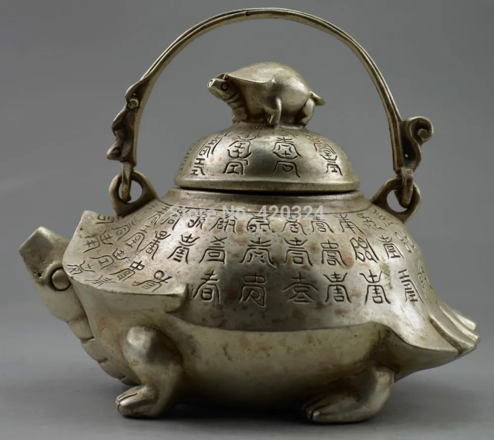 Old Handwork Tibet Silver Carved Tortoise Big Teapot Exquisite Marble