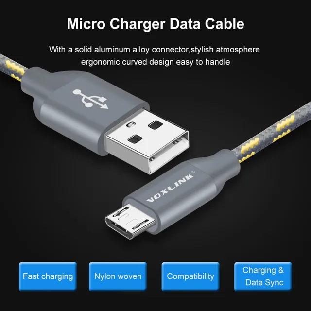 1m/3.3ft 2A Fast Charging and Data Sync Cord VOXLINK Micro USB Cable  for Android Samsung Charging Cable
