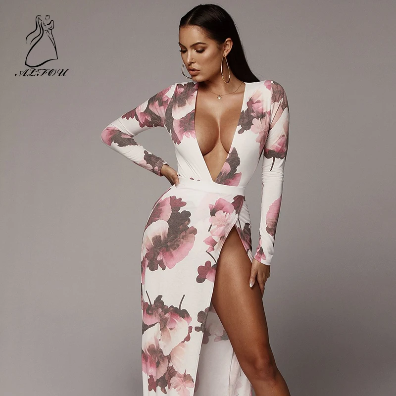 

V-neck Print Side Slit Dress Long Dress Style Sexy Dress Women Hollow Out Dresses Elegant Party Evening Knitted Dress Vestidos