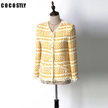 Осенняя куртка Для женщин пальто желтый классические короткие твид куртка с бахромой с длинными рукавами боковые карманы veste femme