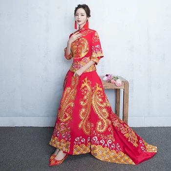 

Classic Phoenix Bride Trailing Dress Traditional Lady Chinese Style Wedding Cheongsam Suit Embroidery National Qipao Vestidos