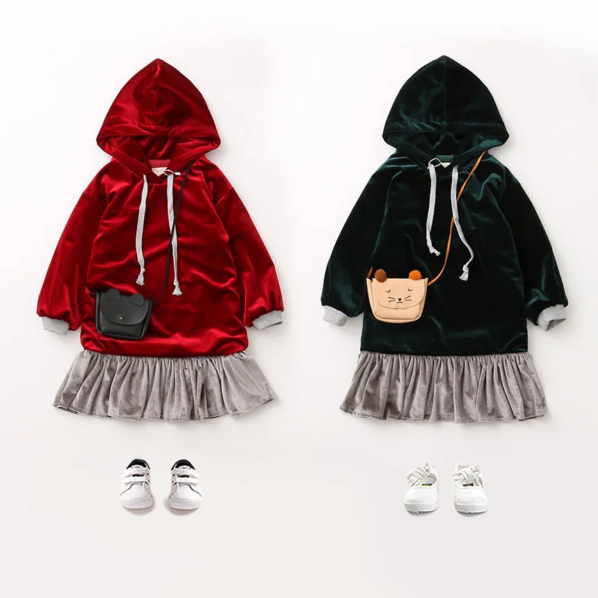 Everweekend Girls Ruffles Velvet Soft Autumn Winter Dress with Hats Vintage Red and Blue Color Princess Party | Детская одежда и