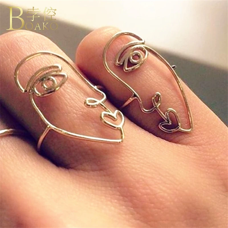 

BOAKO 2Pcs/set Abstact Face Ring Set Gold Hollow Face Rings For Women Vintage Minimalist Rings Anillos Mujer Couple Ring K5