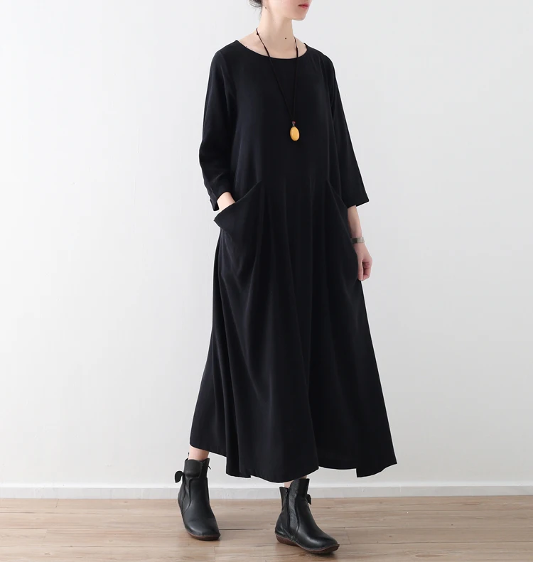 Plus Size Women Solid Black Red Dress Pockets Autumn New Casual Cotton Linen Loose O-Neck Vintage Long Sleeve Maxi Dress