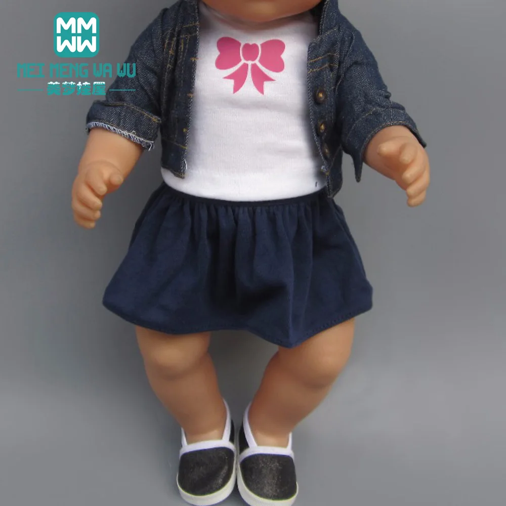 

Doll Clothes for 45cm new born doll accessories and american doll denim + T-shirt + short skirt three-piece suit