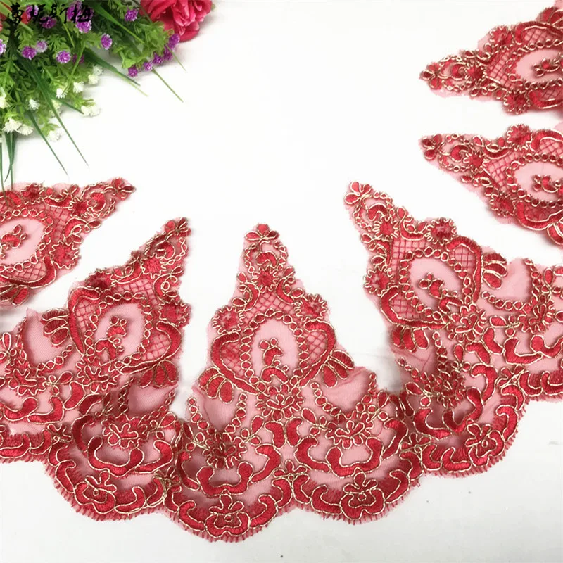 

Delicate 1Yard Gold Cord Outline Red Burgundy Flower Venise Venice Lace Trim Applique Sewing Craft for Wedding Dec. 22cm LR0052