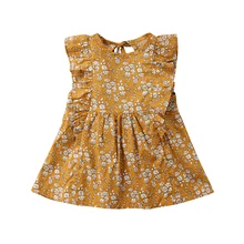 Vintage amarillo vestido para bebé niña verano niños pequeños, informal de manga Floral vestidos ropa de los niños