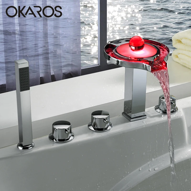 OKAROS светодиодный кран для ванной, кран для раковины, водопады, краны для воды, кран для ванной с пятью отверстиями, смеситель для душа, смеситель Torneira