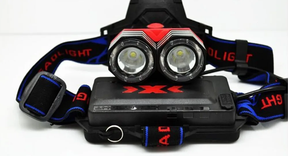 Headlamp Lampe Frontale Two heads Lighting 18650 Zoomable Head Lamp