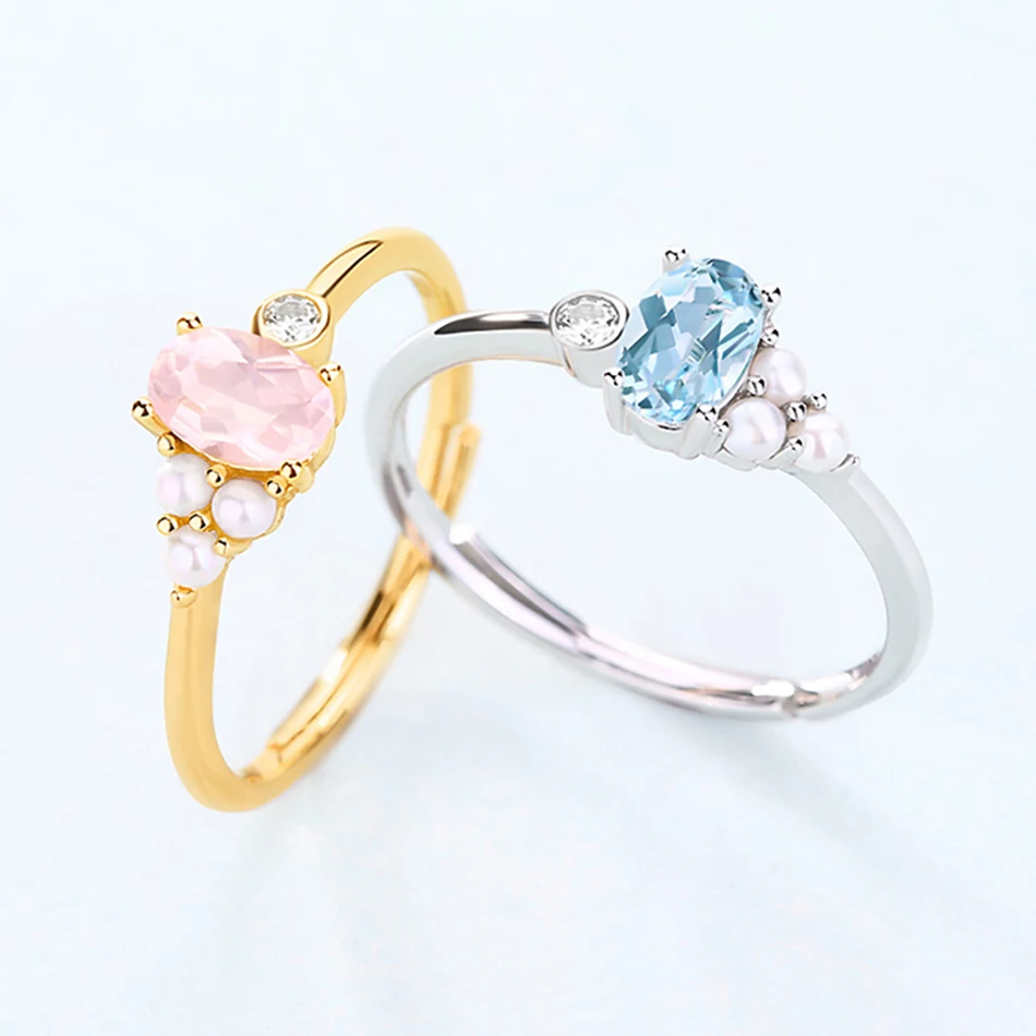 ALLNOEL, настоящее 925 пробы, серебряные кольца для женщин, натуральный голубой топаз, розовая роза, кварц, жемчужные кольца, свадебные ювелирные украшения