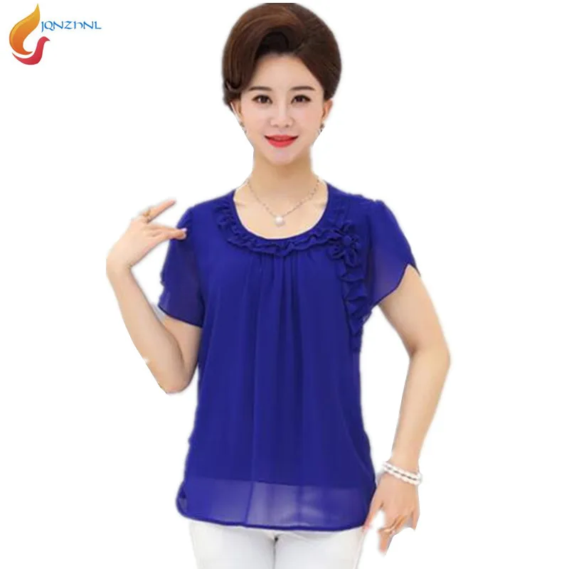 

Summer new women large size chiffon shirt middle-aged short-sleeved tops loose casual solid color chiffon shirt summer shirtG411