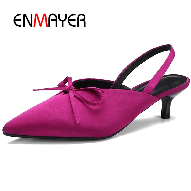 

ENMAYER New fashion women mules ladies pumps butterfly-knot slippers stain pointed toe med heels women shoes women slipper CR253