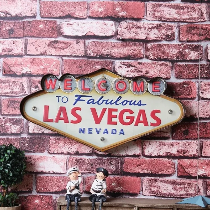 Неоновая вывеска декоративная картина в стиле Лас-Вегаса Кованое железо настенное украшение с подсветкой знак приветствия подвесной светодиодный металлический знак