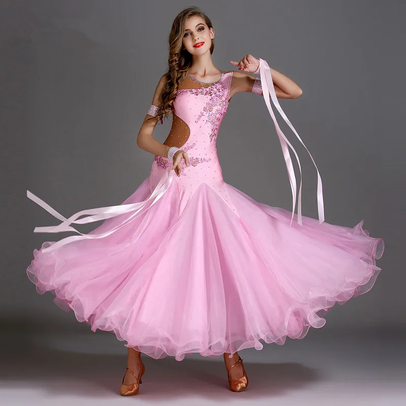 

10 Colors ballroom Dance Dresses Women New Sexy mesh Back Standard Waltz Dance Costume Adult pink Salon Competition Vestidos