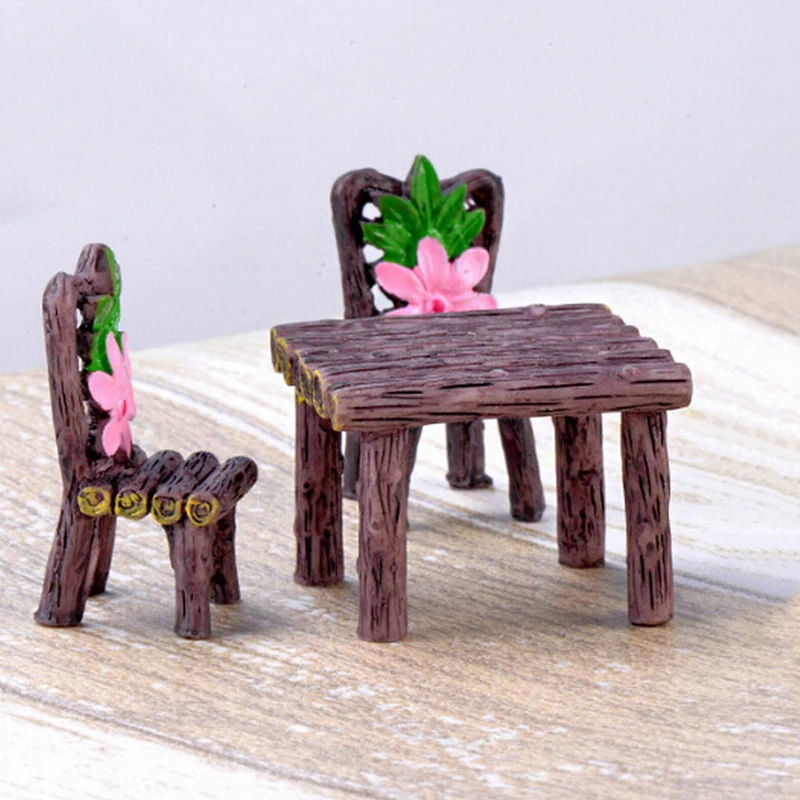 Micro 1 Table 2 Chairs Desk Miniatura Dollhouse Garden Home Bonsai Decoration Mini Toy Miniature Resin Craft Ornaments Decor