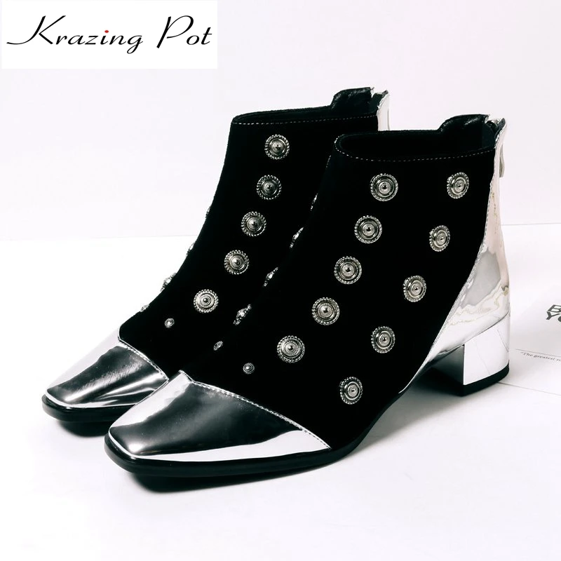 

Krazing pot cow suede cow suede square toe med heels zipper woman winter shoes runway mixed color rivets short ankle boots L27