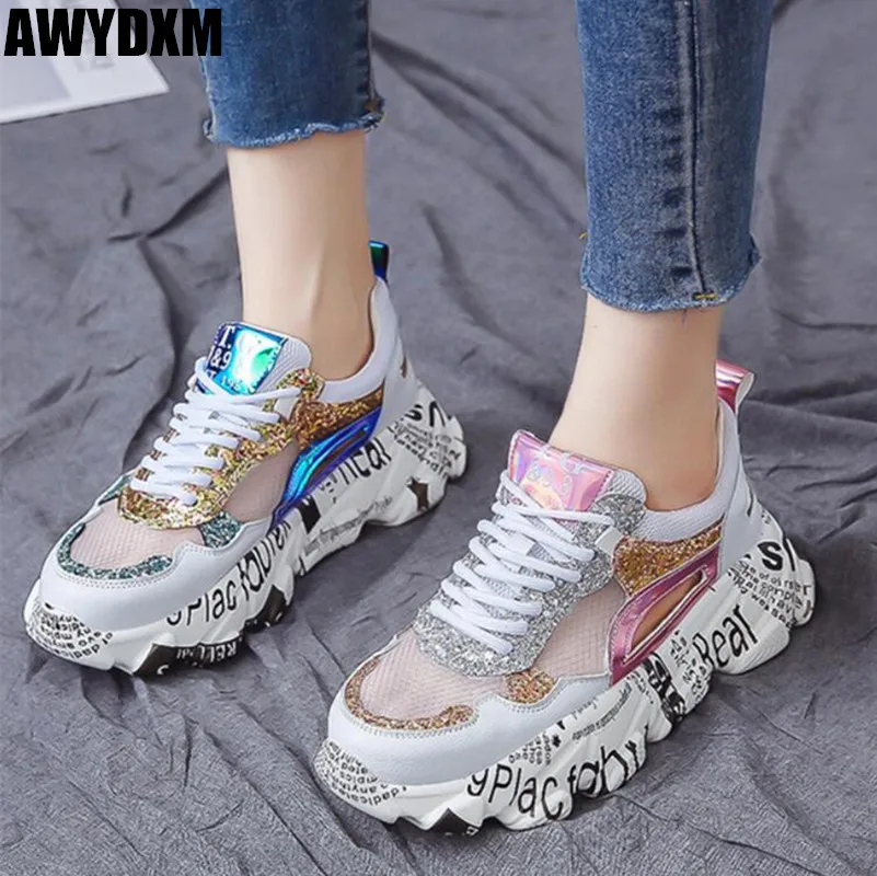 

Women sandals summer new Mesh Breathable platform shoes ladies Bling fashion lace up Hollow Leisure sneakers woman shoes S268