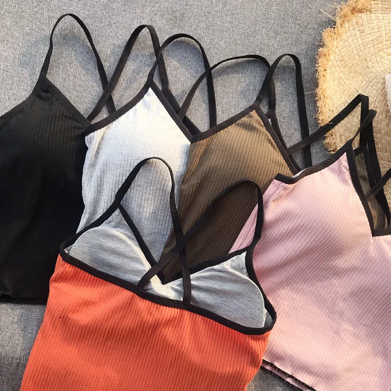Girls Crossed Straps Short Camis Tops With Seperated Bra Women Padding Tanks Crop Tops For Female