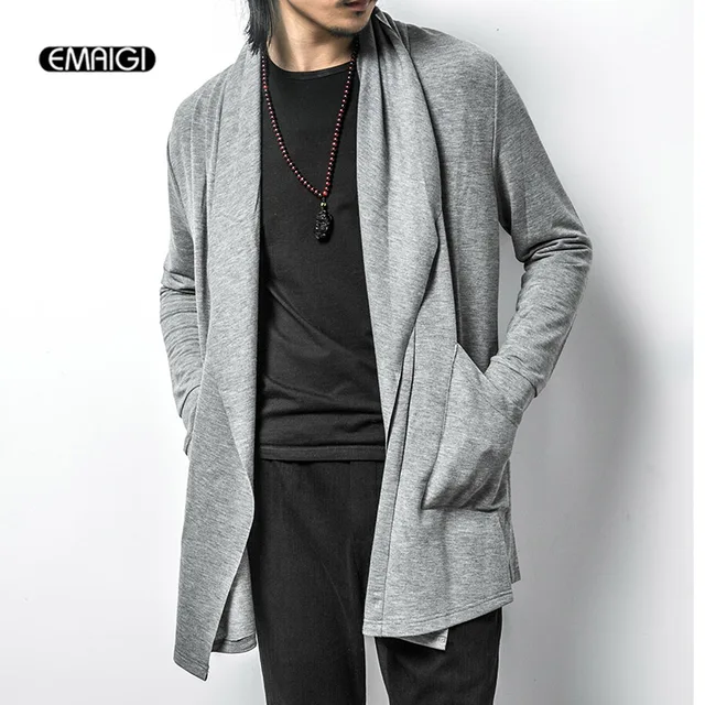 Buy Male Long Thin Cardigan jacket Cotton Solid Color Men Fashion Casual Long