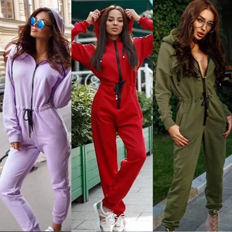 Ladies Women Jumpsuit Zipper Hooded Clubwear Party Bodycon Long Pants Casual Romper Solid Warm Cotton Skinny Soft Clothing