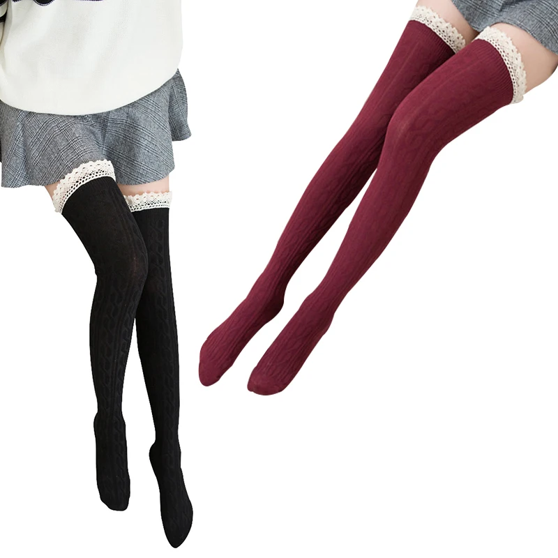 3 Pair Sock Girl 5 Color Thigh High Stocking Lace Winter Warm Socks