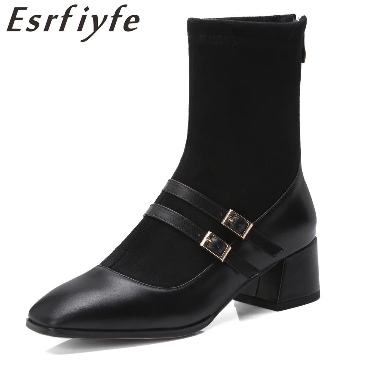 

ESRFIYFE 2018 New Fashion Autumn Winter Boots Women Square Toe Thick Heel Boots After The Zipper High Quality Cow Leather Boots