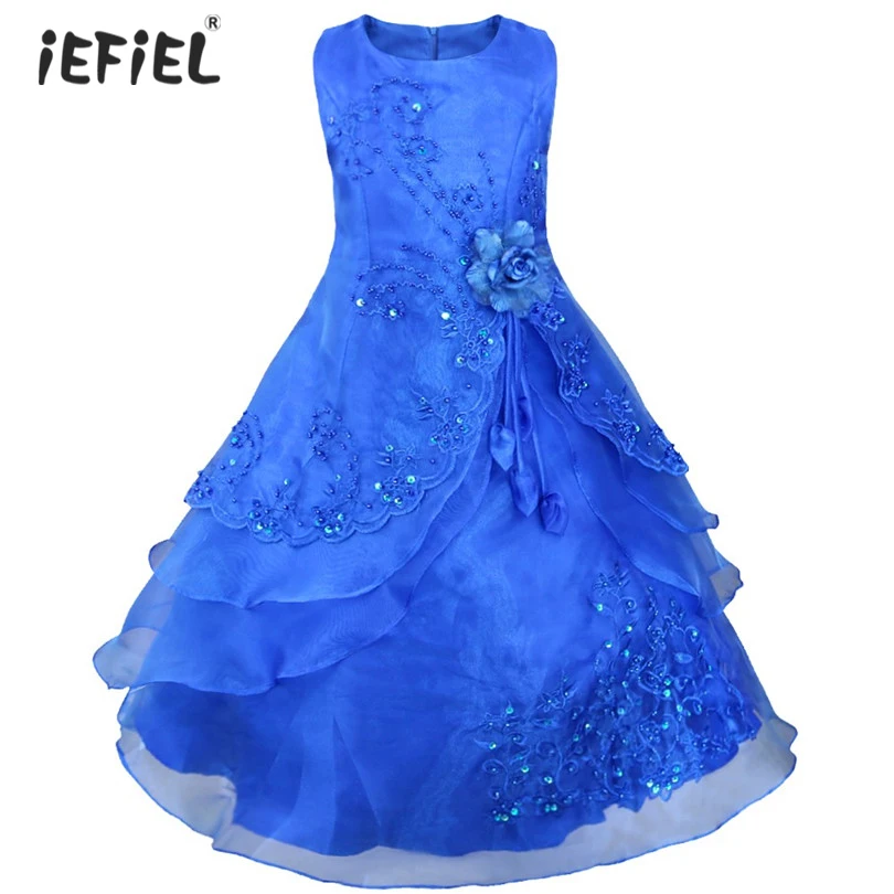 

iefiel Kids Flower Girl Dress Long Formal Vestido De Festa Elegant Embroidered Wedding Party Dress Ball Gown Girl Princess Dress