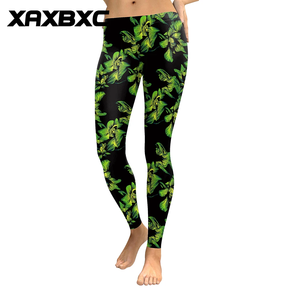 XAXBXC 1771 пикантные Femme карандаш брюки зеленый лист масляной живописи Печатные Эластичный Тонкий Фитнес тренировки пуш-ап Для женщин леггинсы