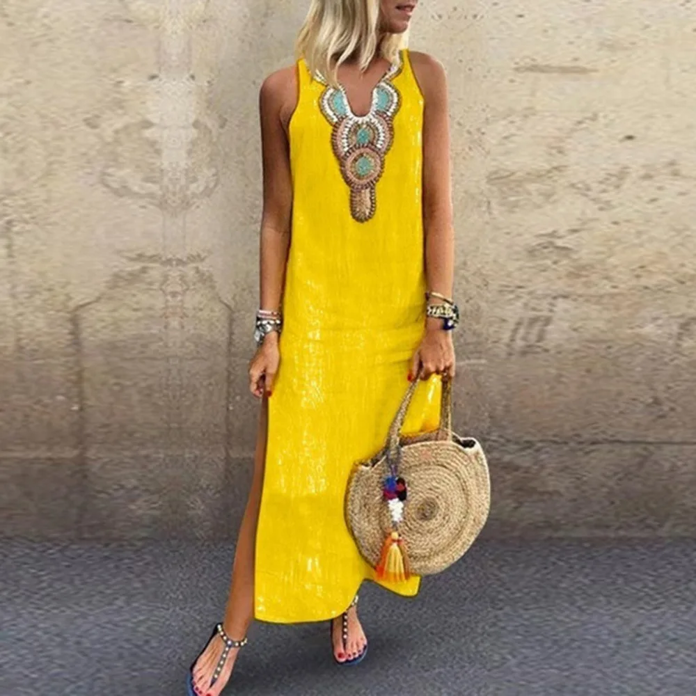 

Women Cotton Linen Dress Long Maxi Boho Print Sleeveless Solid Sundress Summer Split Hem Dresses Female zomer jurk Vestidos 4EM