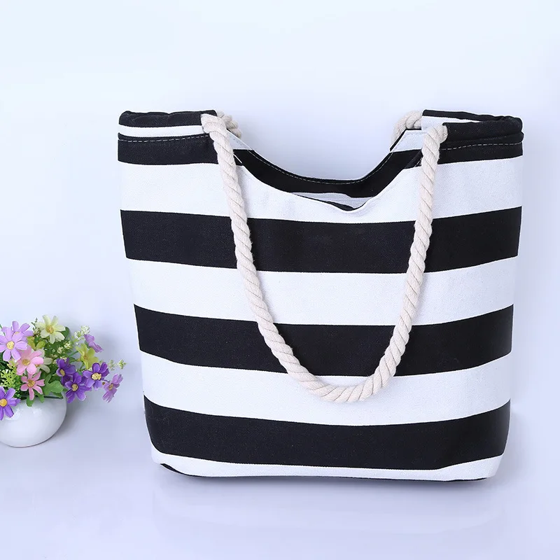 handbag women canvas black and white stripe printing shopping bag high ...