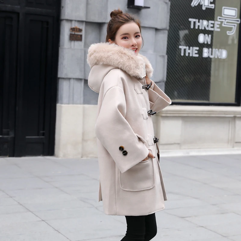 Hiver Horn Capuchon Femelle Parka Manteau De Survêtement Fourrure Laine Veste Lâche Femmes À Col Moyen orange Épaisse Chaud Bouton Beige Fitaylor Long Grand FwWTn5pxW