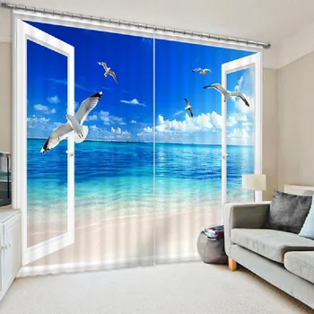 

Beautiful Beach Bule Sea Luxury 3D Blackout Window Curtains For Living room Bedding room Drapes Cotinas para sala