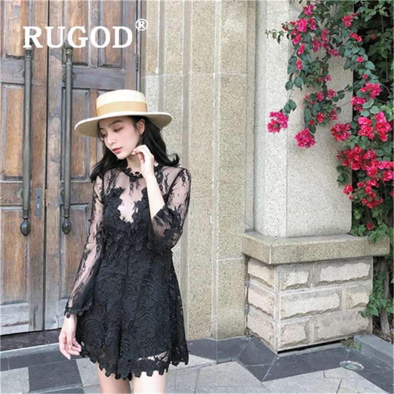 

RUGOD Sexy lace hollow women jumpsuit Korean chic Transparent bodysuit ladies Fashion long sleeve summer party playsuit femme