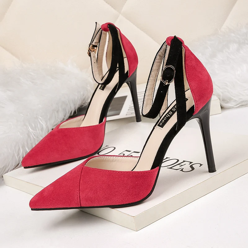

Europe and America sexy pointed high heels simple elegant color matching single shoes stiletto temperament suede womens shoes