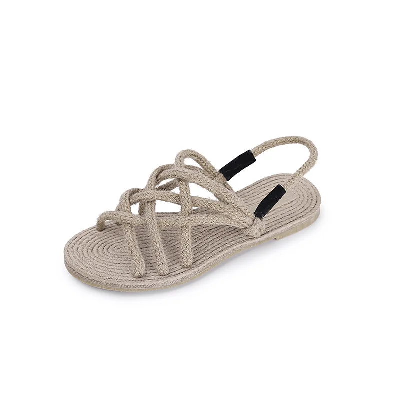 

2018 new retro sandals female straps flat handmade rope braided shoes beach shoes.