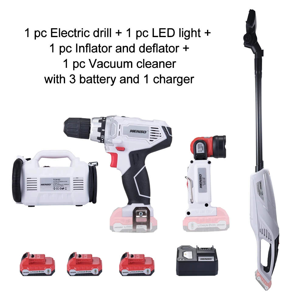 

Keinso power tool Electric drill Inflator and deflator Vacuum cleaner and Led light with three lithium battery and one charger