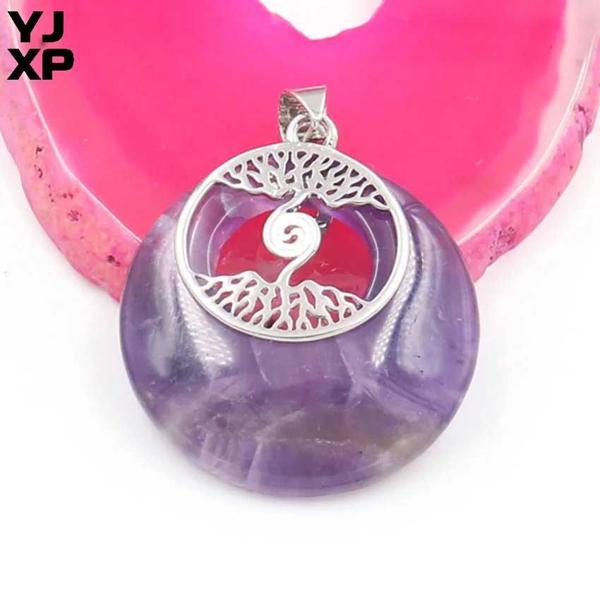 

YJXP Silver Plated Safety Buckle Round Stone Amethysts Pendant Tree of Life Charm Jewelry