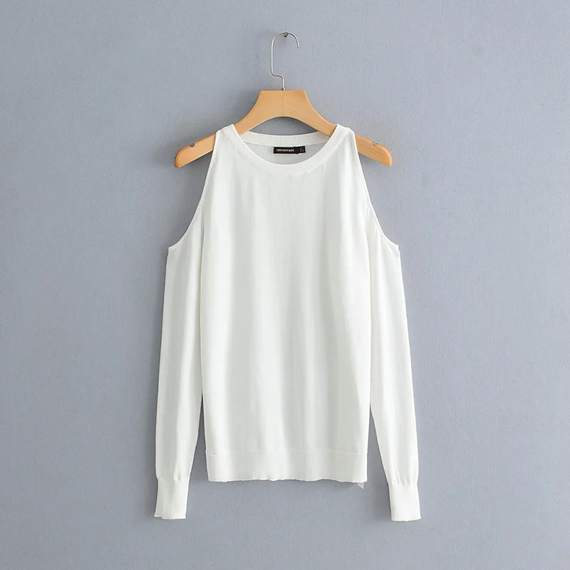 

Spring Female Sweater O-Neck Coat Women Solid Knitted Thin Jacket Pillovers Half Leak Shoulder Female Outerwear Sweater Tops