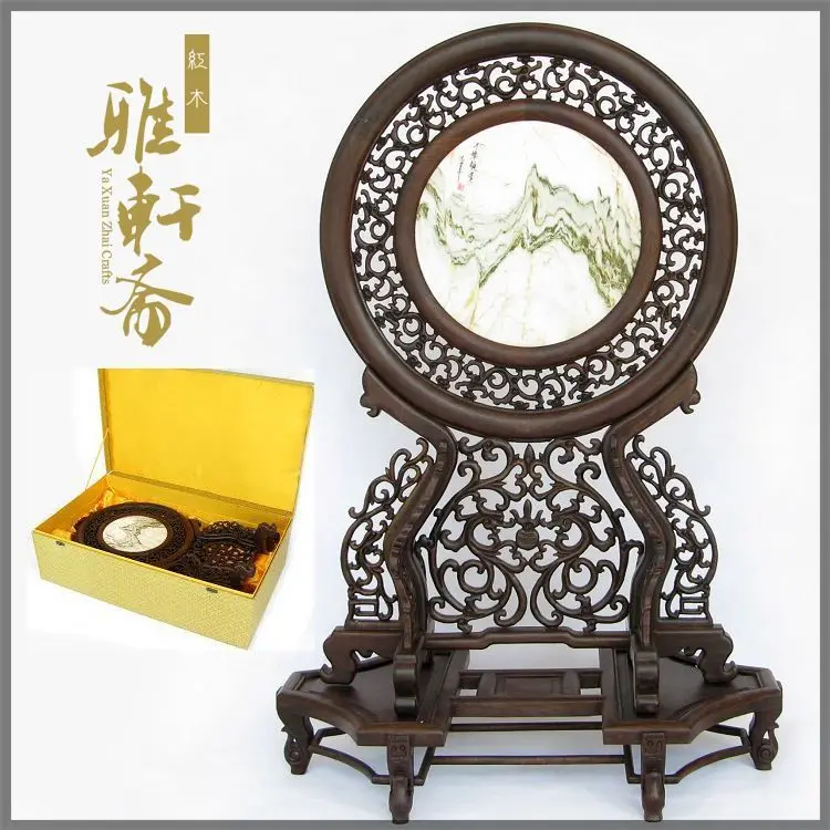 

H Gallery] mahogany crafts Zhai black Catalpol woodcarving gift table screen 60cm round Marble Plaque