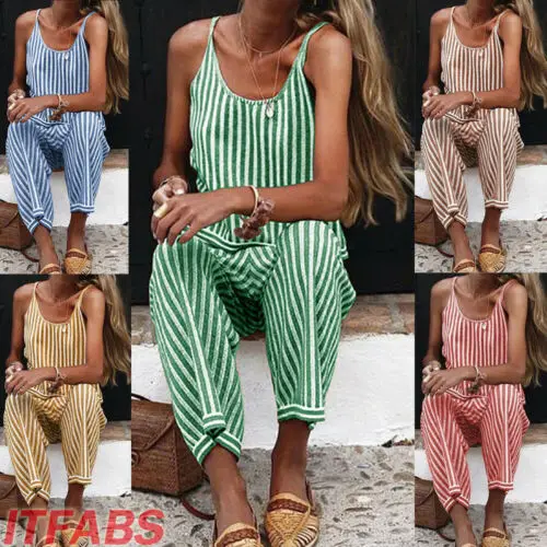 Casual Women Boho Striped Playsuit Jumpsuit Rompers Summer Beach Long Leg Trousers Pant Casual Women Boho Striped Playsuit Jumpsuit Rompers Summer Beach Long Leg Trousers Pant