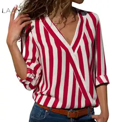 Laamei черный, красный в полоску Блузка Для женщин s Топы Блузки Классический Одежда с длинным рукавом Для женщин Blusas Mujer 2018 Новая осень V шеи