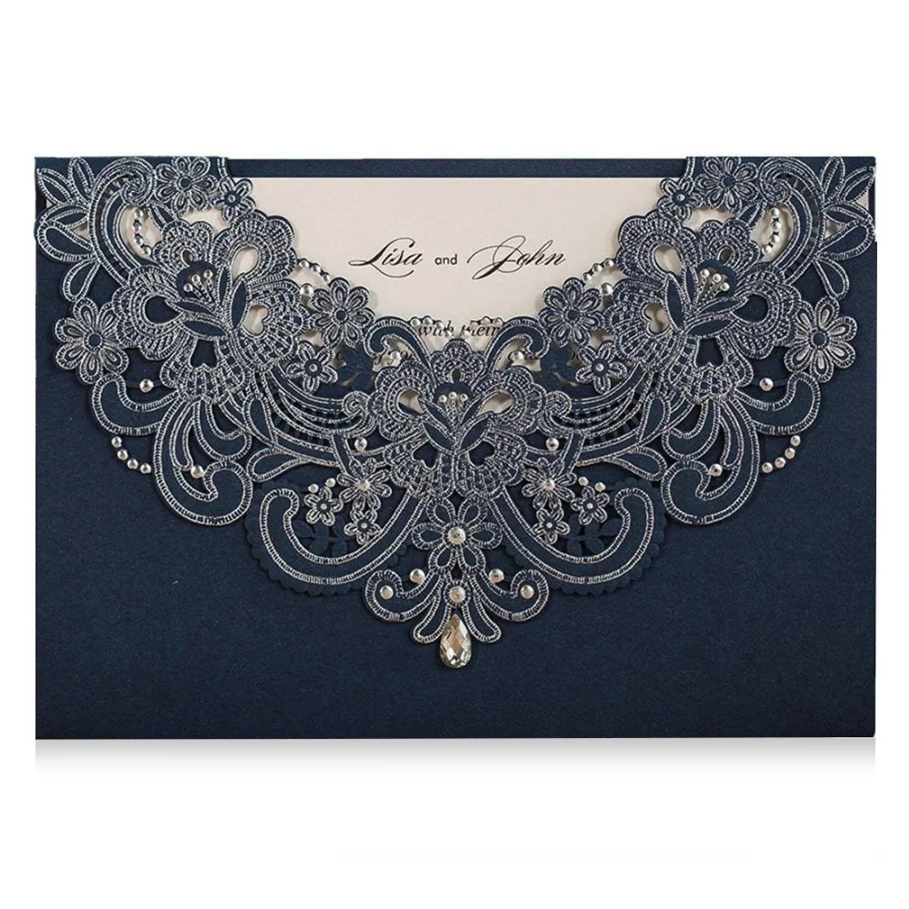 

100pcs WISHMADE Navy Blue Laser Cut Lace Flora Wedding Invitations Cards with Rhinestone for Birthday Baby Shower Engagement