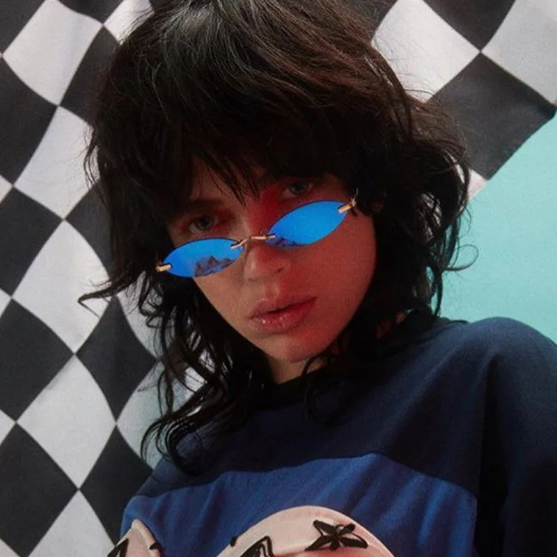 

Vintage Rimless Oval Luxury Designer Sunglasses For Women 2018 Trends Small Sun glasses Men 90s Sunglasses Mirror Glasses Shades