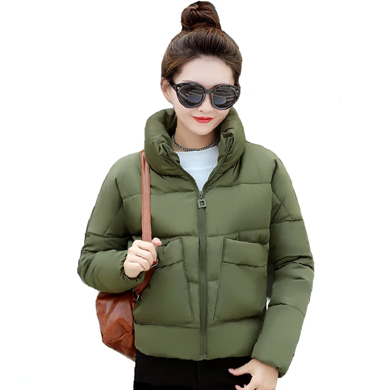 

2019 Women Winter Jacket Stand Collar With Two Big Pocket Female Coat Cotton Padded Womens Casaco Feminina Inverno Warm Female